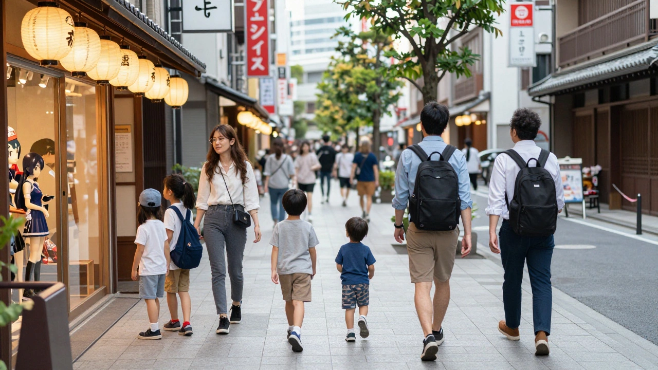 Family exploring a clean, culturally rich street in Tokyo, Japan