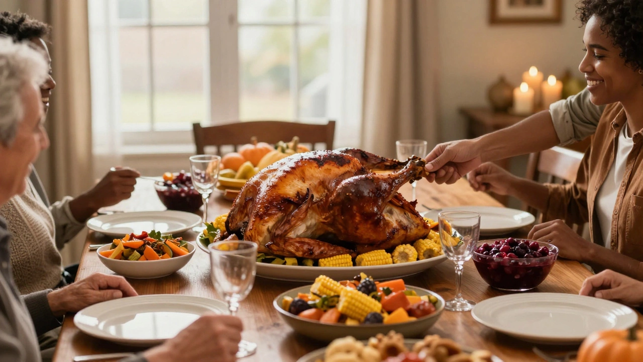 Family gathering around a Thanksgiving dinner table