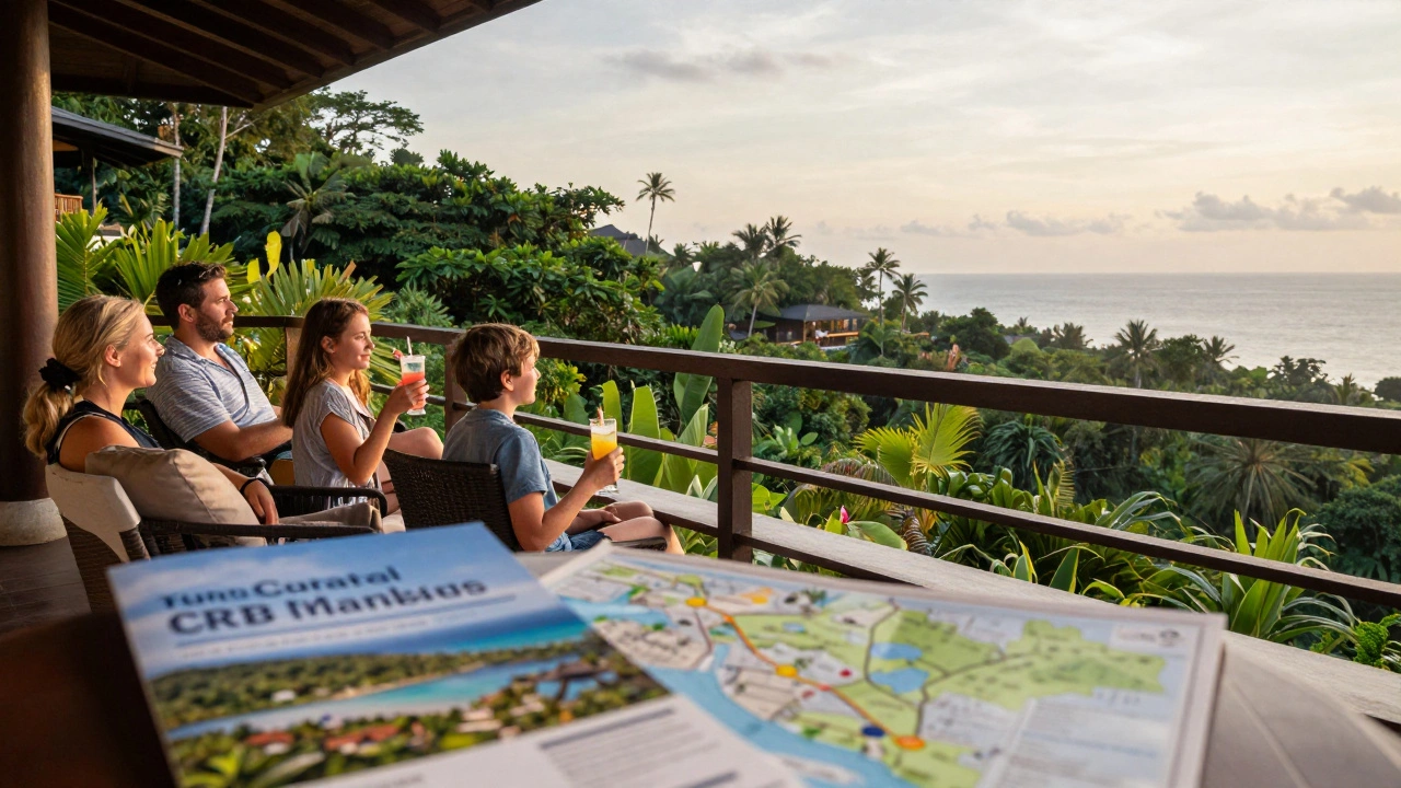 Family relaxing on balcony overlooking ocean, representing stress-free vacation