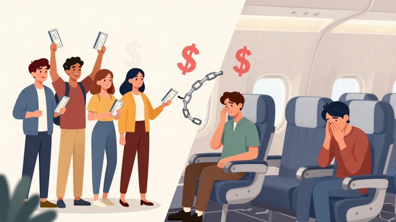 Illustration of friends with one empty seat symbolizing cancelled trip costs