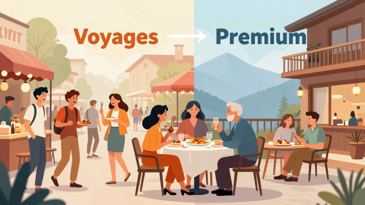 Illustration of young and mature travelers merging into one social group