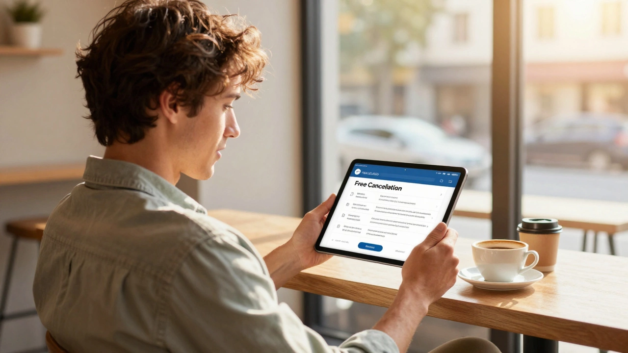 Relieved traveler checking flexible booking options on a tablet in a cafe