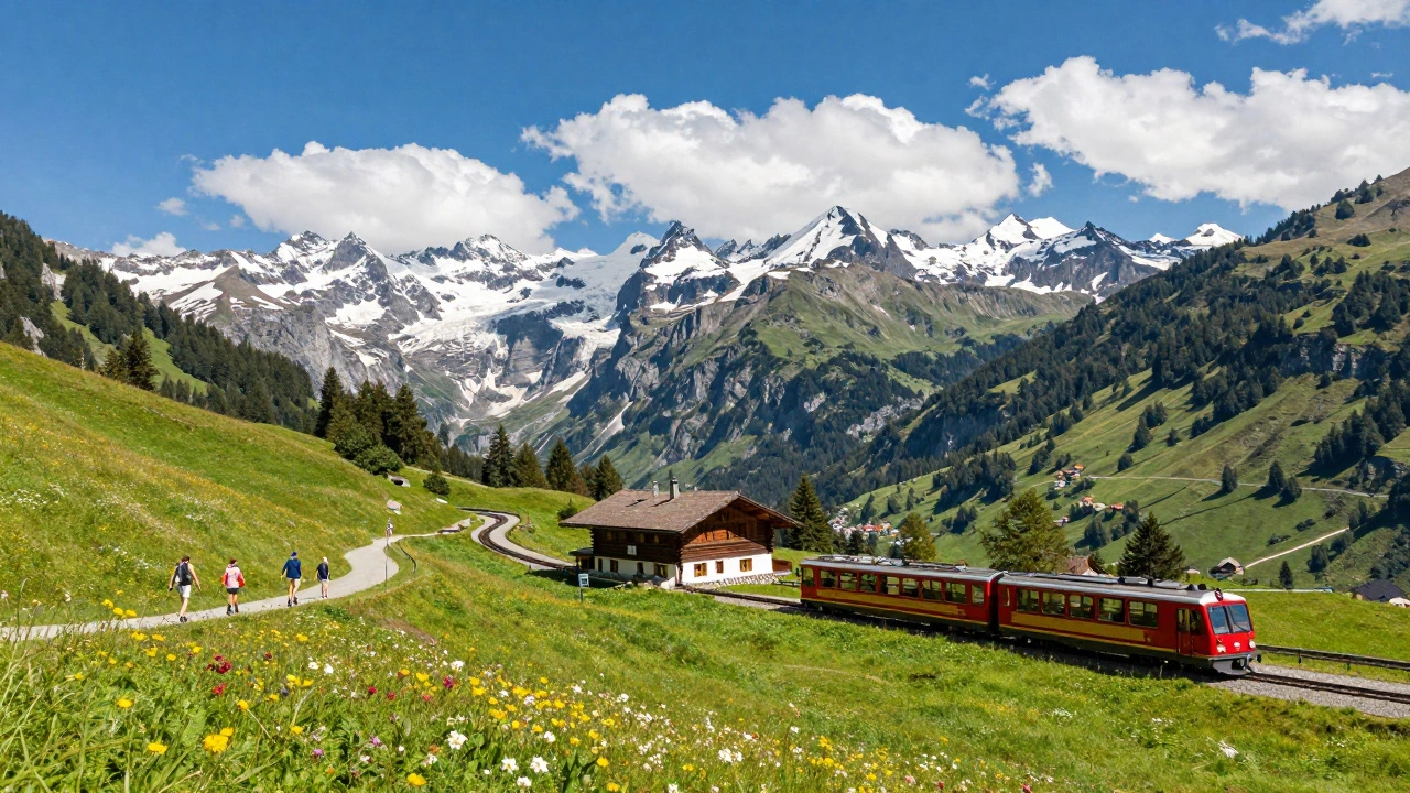Scenic view of Swiss Alps with a family hiking near a mountain chalet