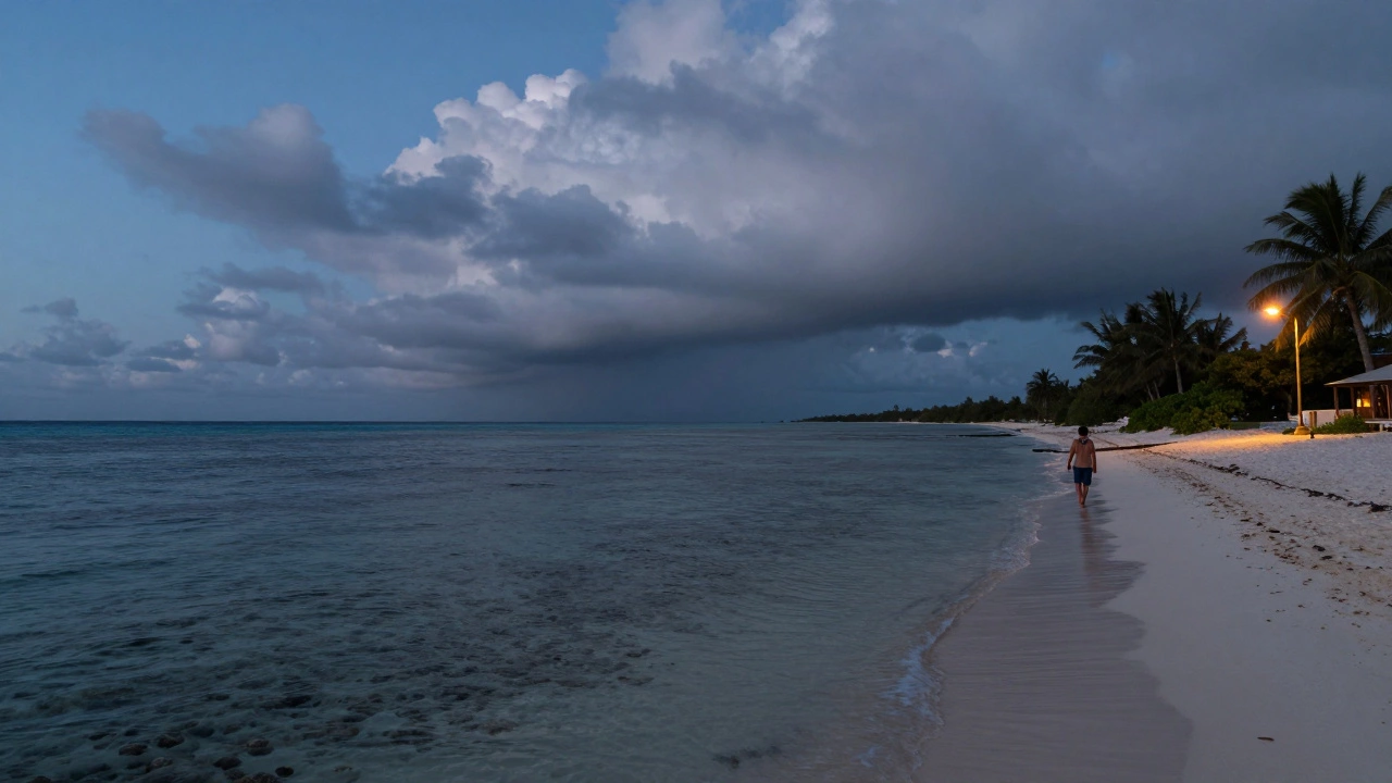 Serene beach at dusk with stormy clouds indicating hurricane season