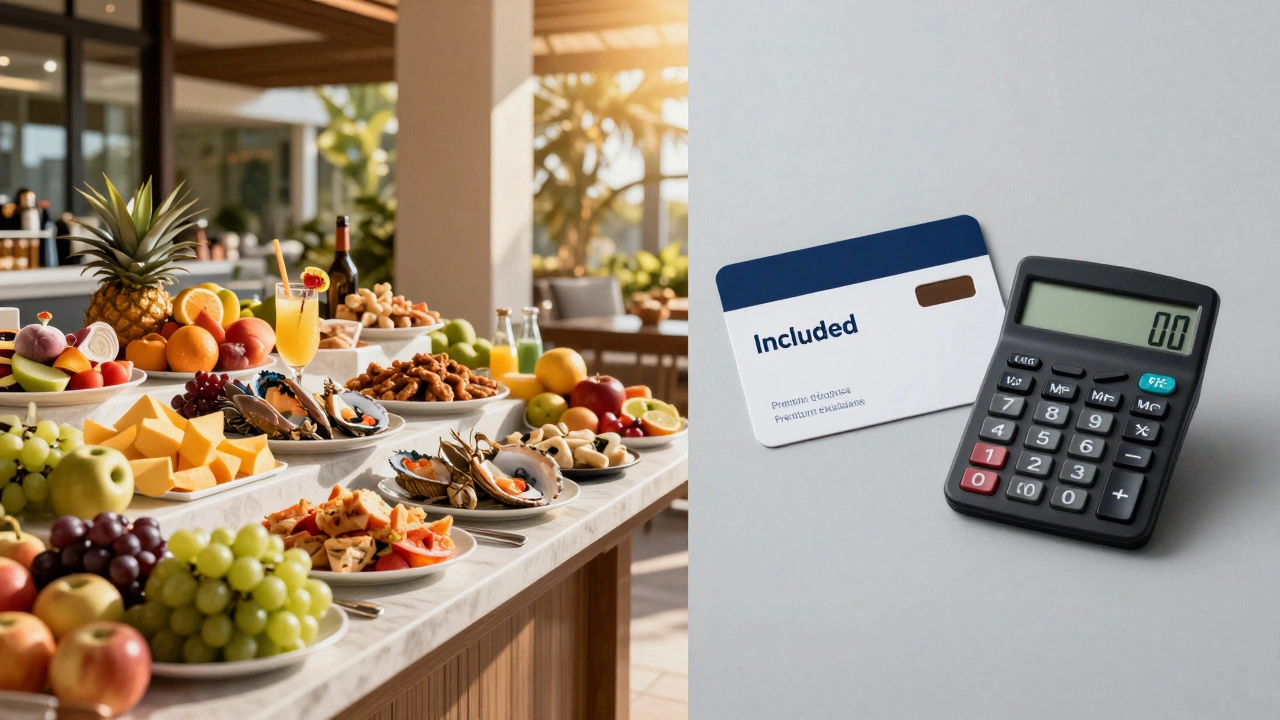 Split image showing resort buffet versus calculator highlighting hidden costs