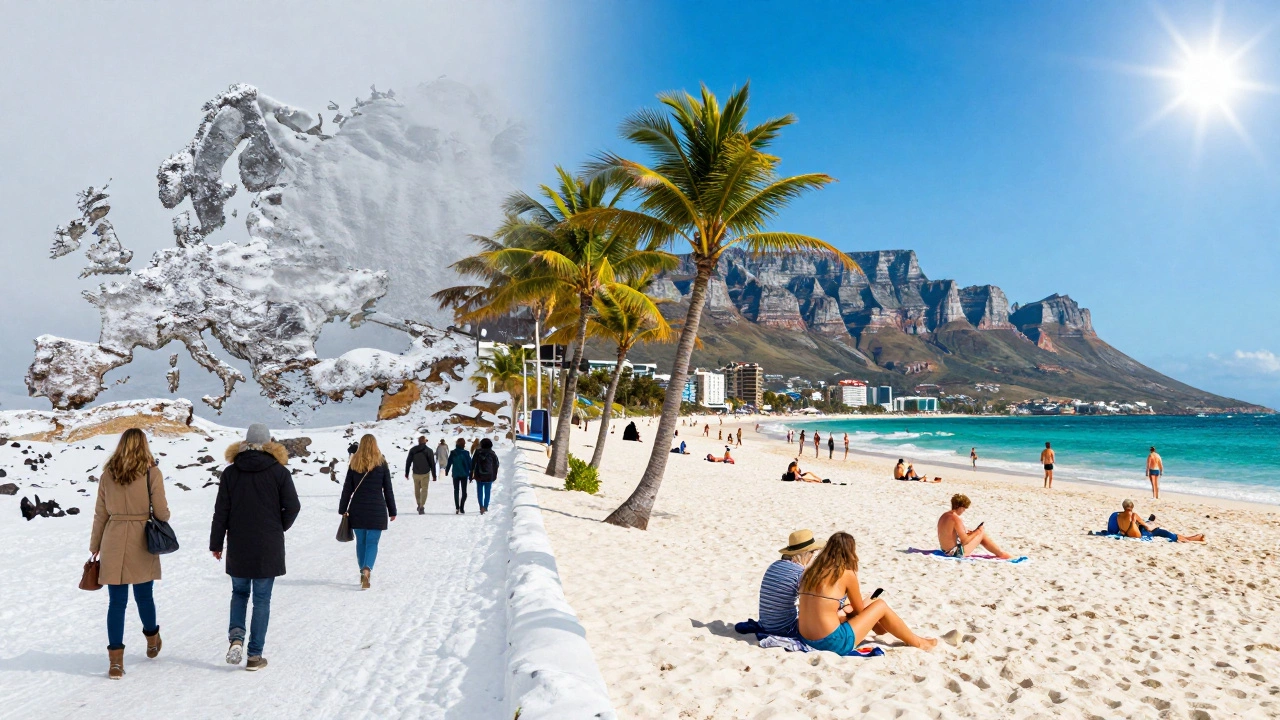 Split image showing snowy UK winter versus sunny Southern Hemisphere summer beach