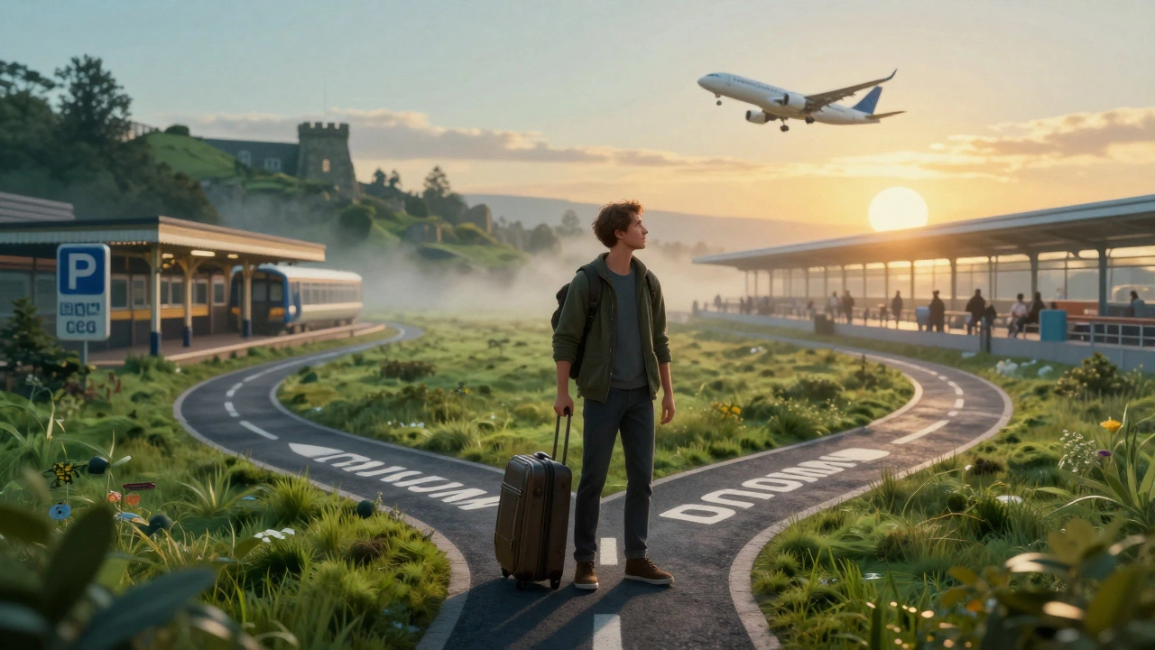 Traveler choosing between UK train journey and European flight options