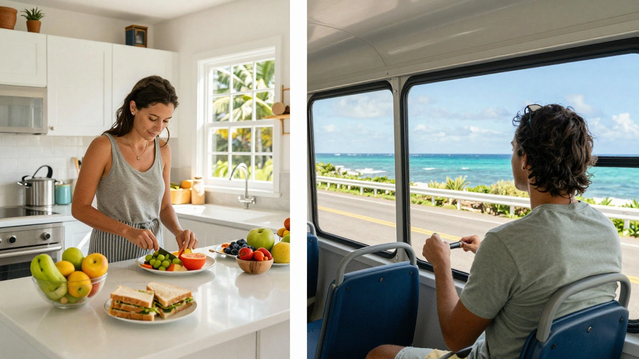 Traveler cooking in rental kitchen and riding a bus to save money