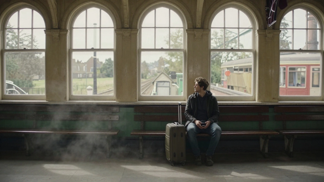 Traveler waiting peacefully on a bench in a quiet UK train station with luggage