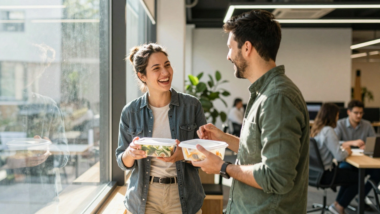 Two colleagues laughing and talking during a sunny office lunch break
