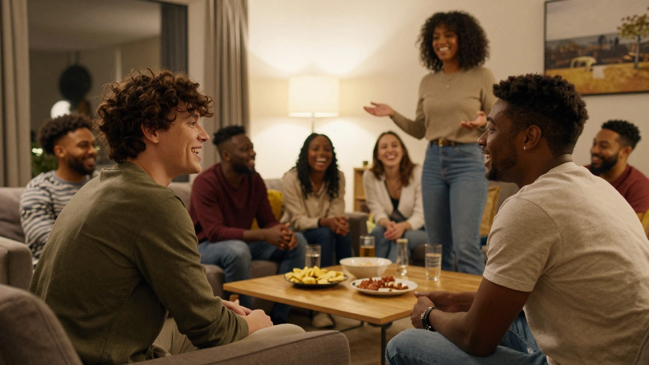 Two people connecting naturally at a cozy house party via a mutual friend.