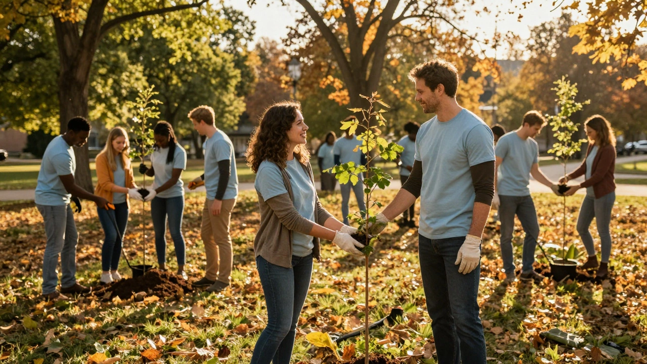 Volunteers planting trees together in a park, connecting through shared activity