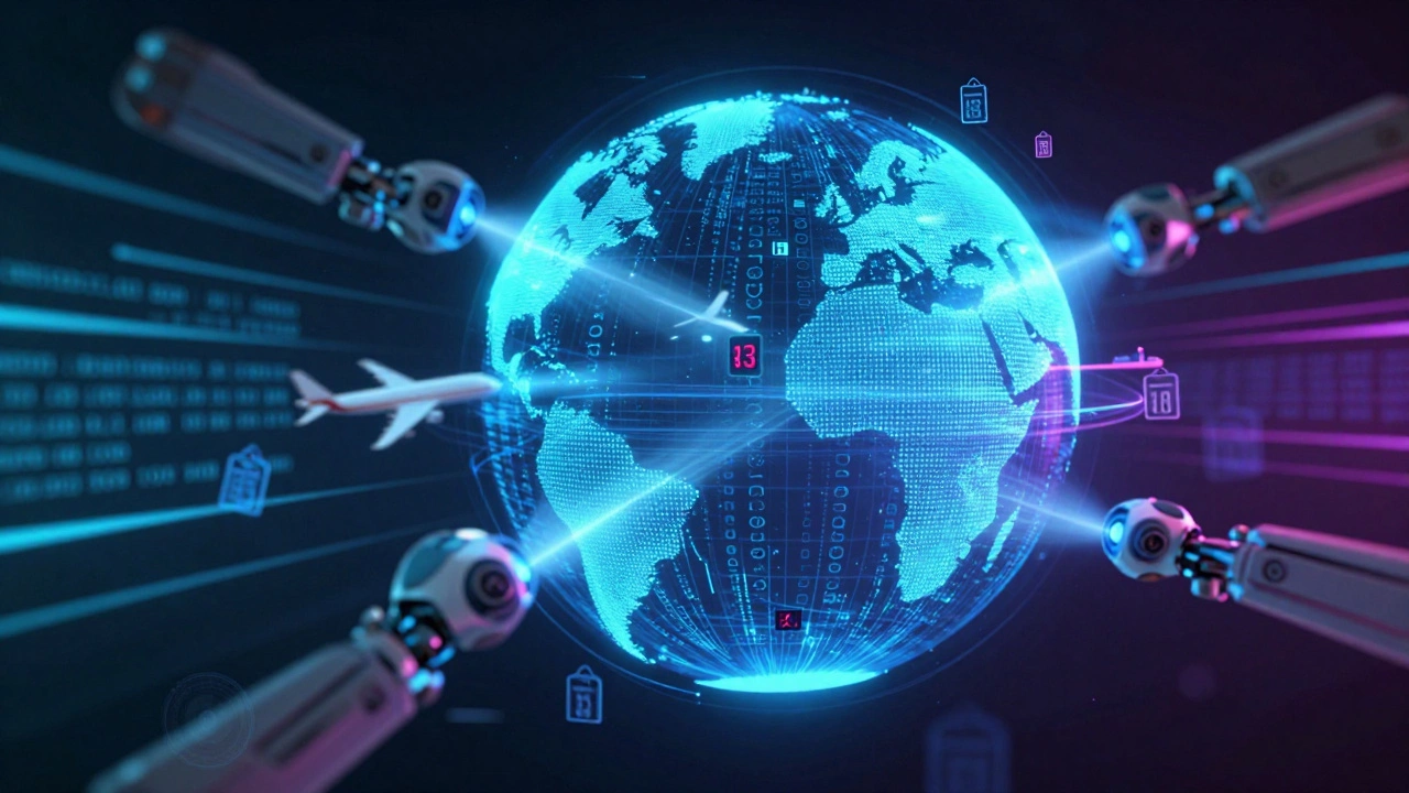 Abstract digital art of algorithms scanning global travel data