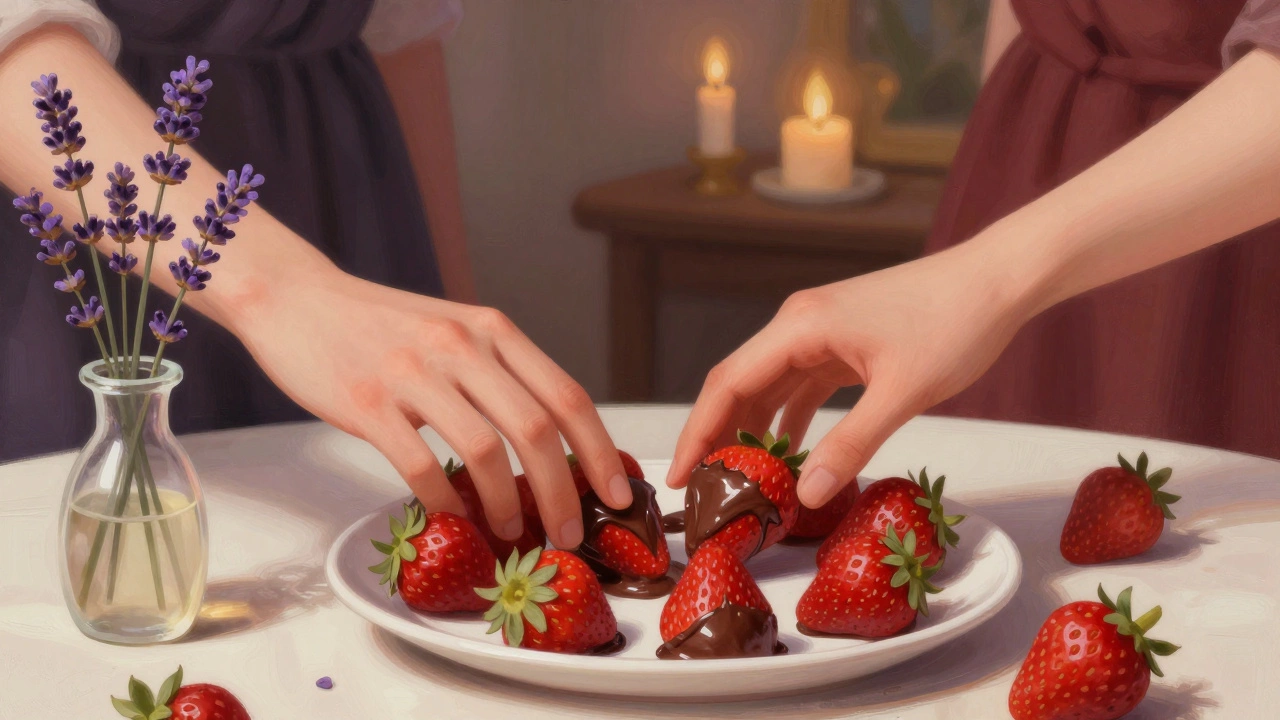 Close-up of hands touching over strawberries and lavender in a romantic setting