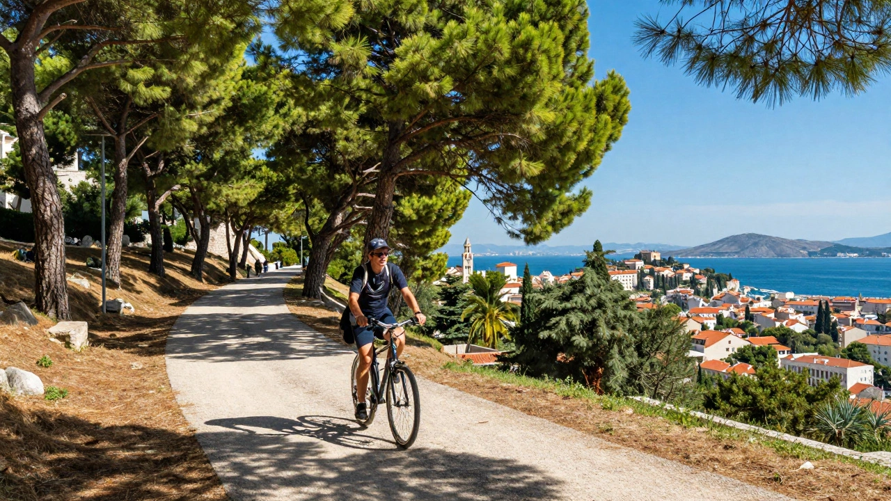 Cycling through Marjan Hill park with sea views outside Split Old Town