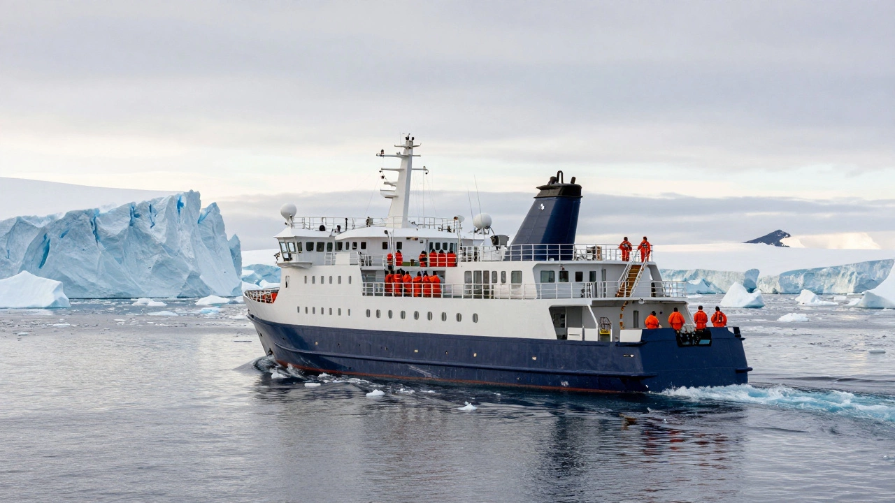 Expedition cruise ship sailing past massive glaciers in polar waters