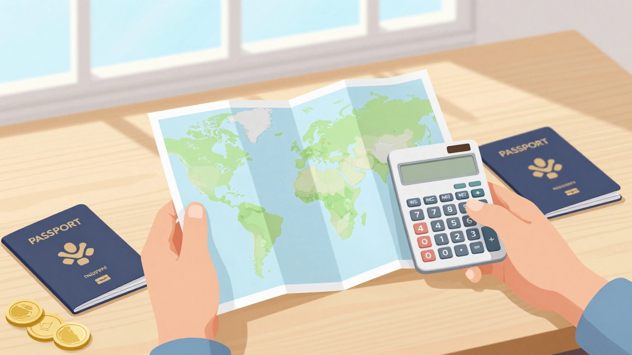 Hands calculating travel costs with map and coins on table