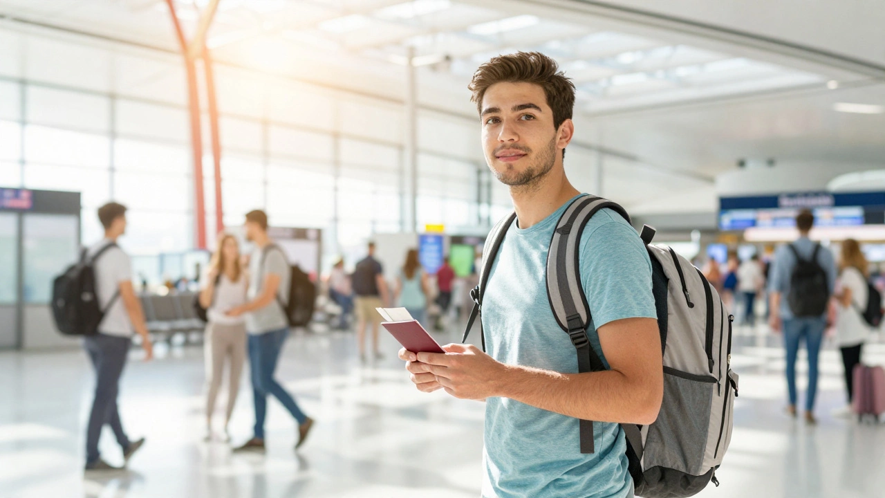 Happy solo traveler with backpack at sunny airport terminal