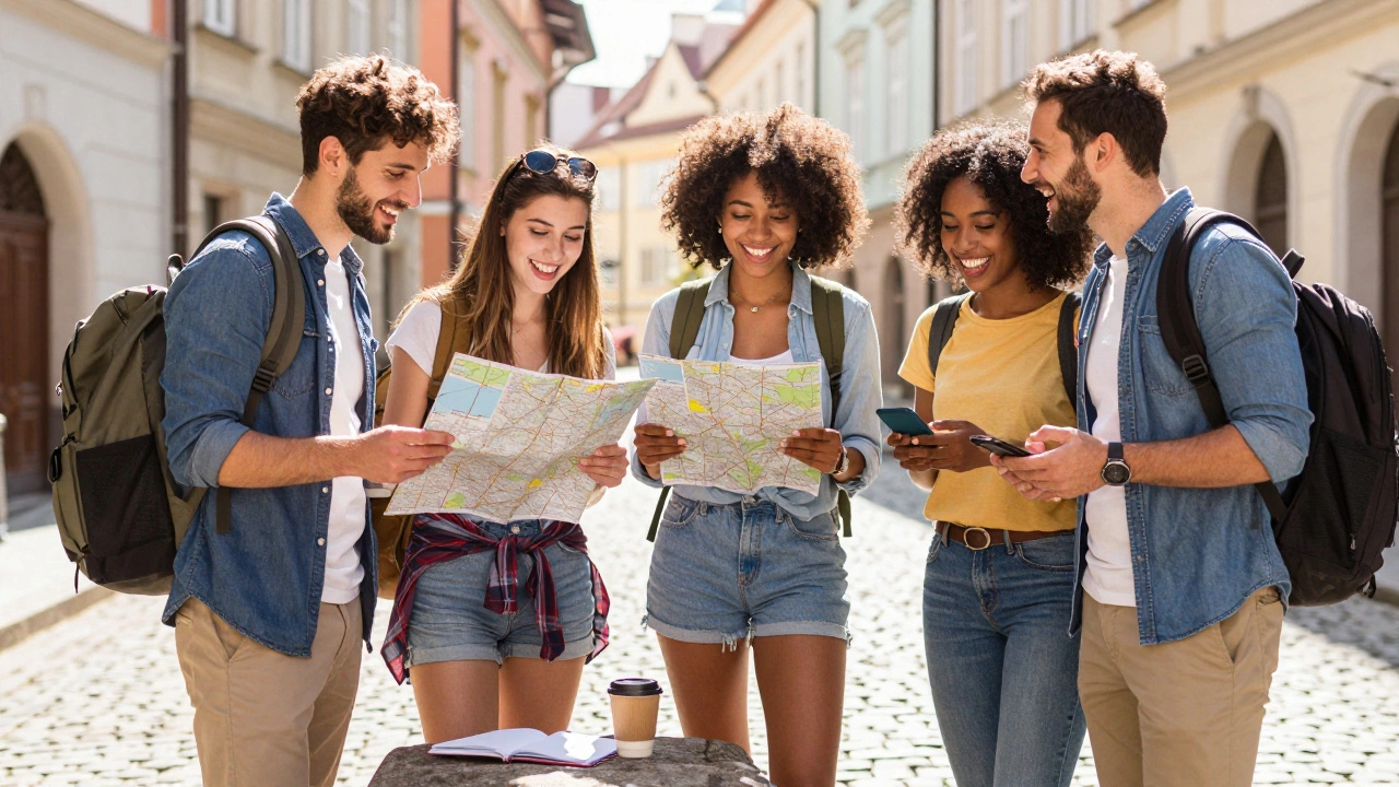 Happy travelers with maps starting a journey in a European city
