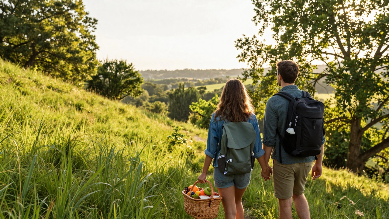 Hiking couple pausing for a picnic with a scenic mountain view at sunset