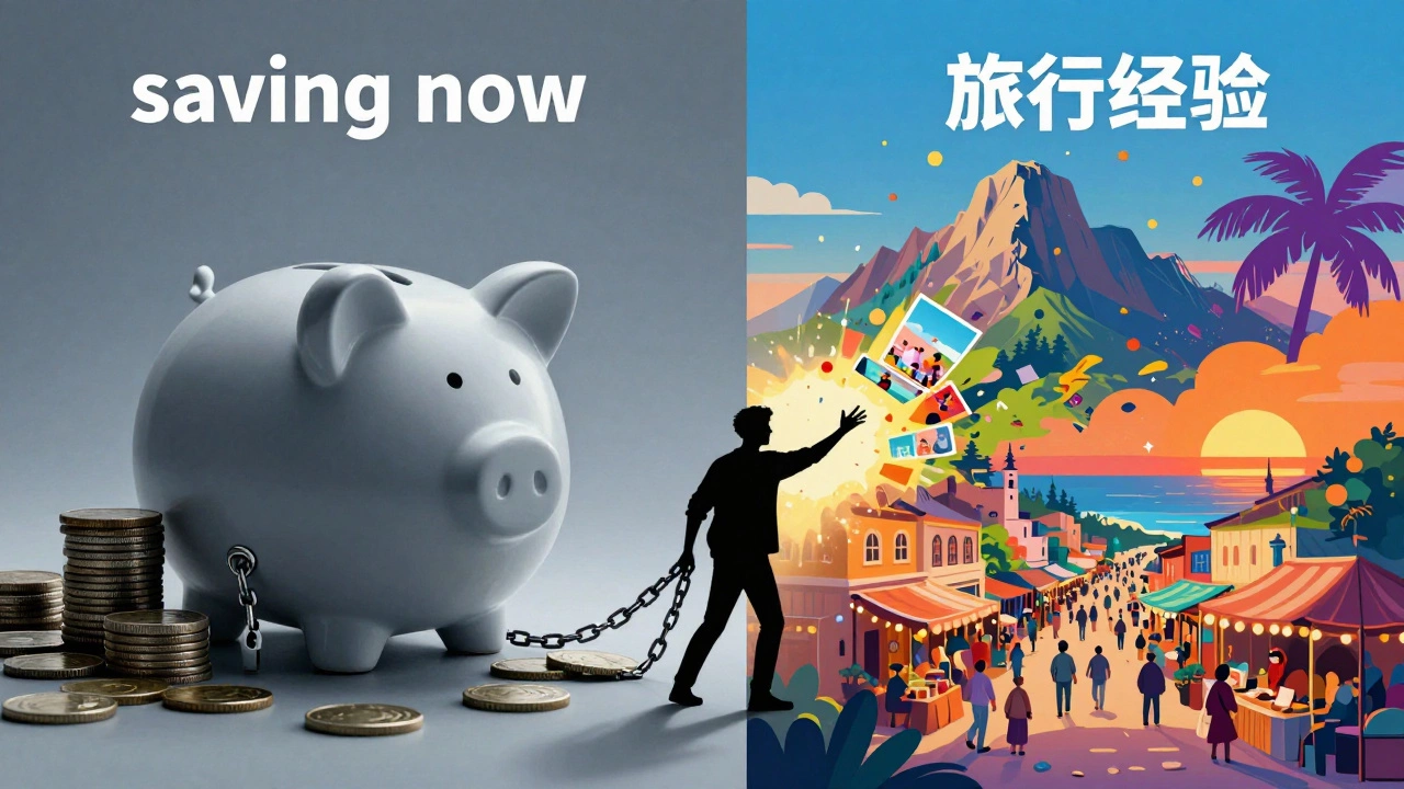 Illustration of choice between saving money and traveling experiences