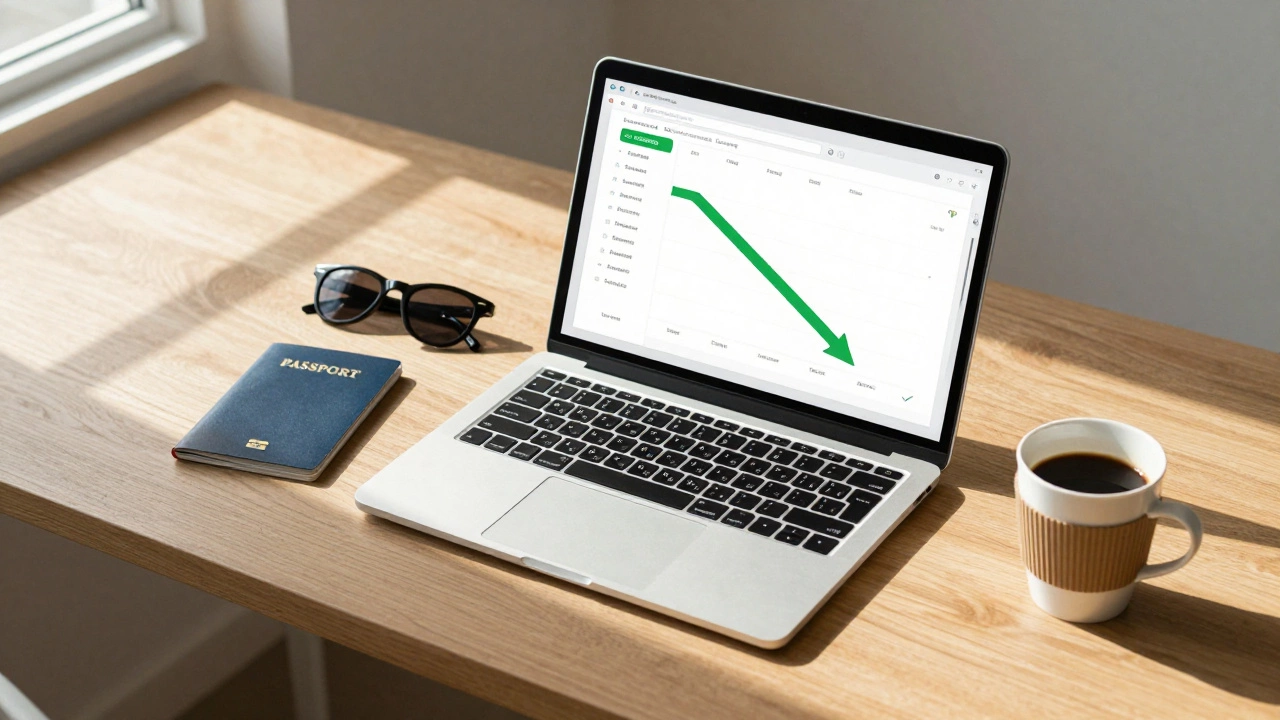 Laptop showing flight savings next to passport and sunglasses