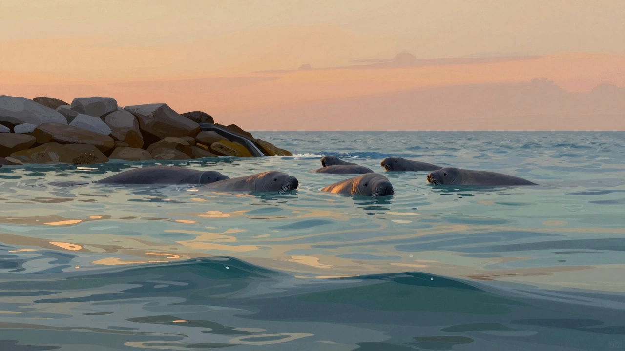 Manatees swimming in calm Florida waters during a serene November sunset