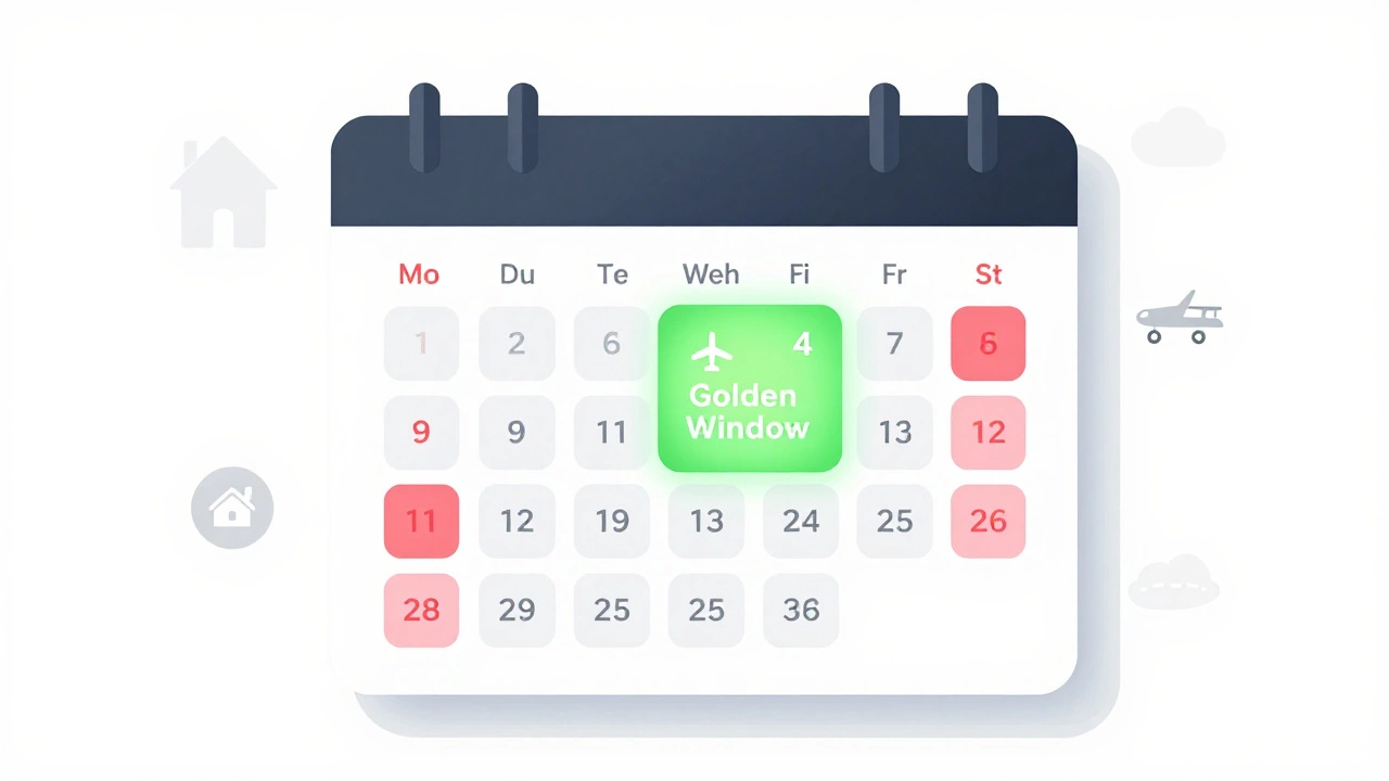 Minimalist calendar graphic highlighting the golden window for booking flights