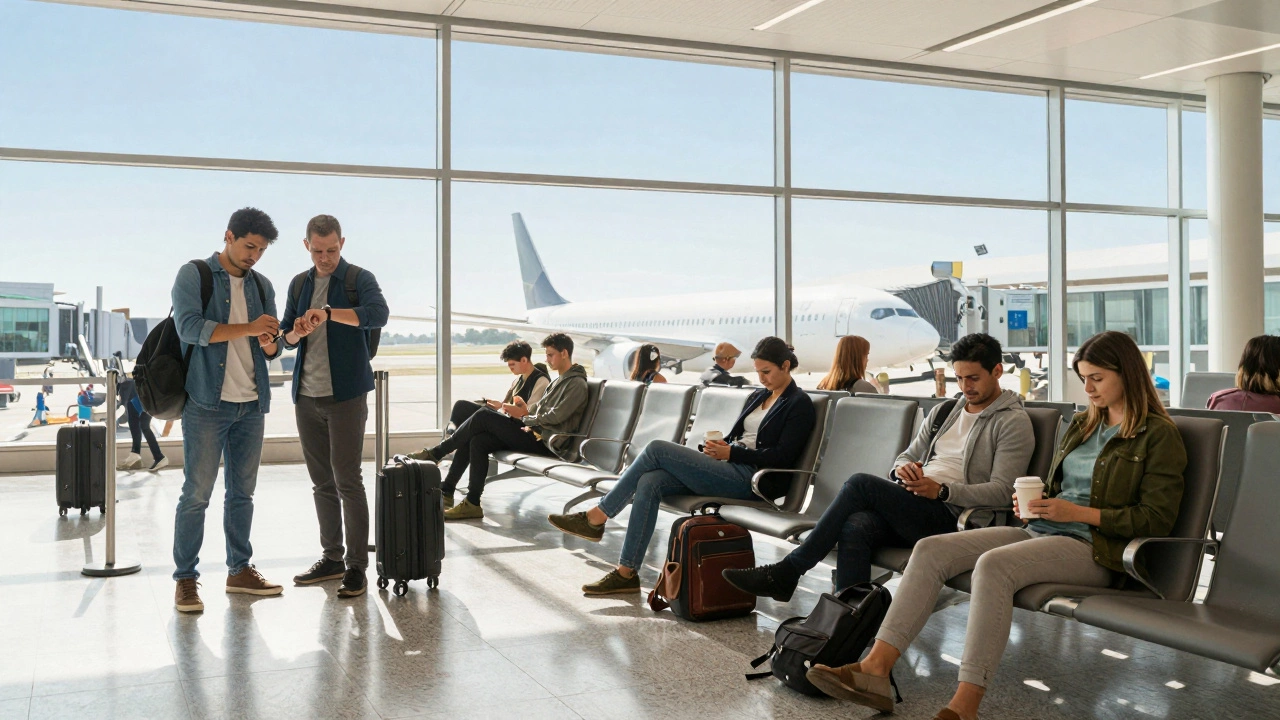 Relaxed travelers at midweek departure gates compared to stressed weekend flyers