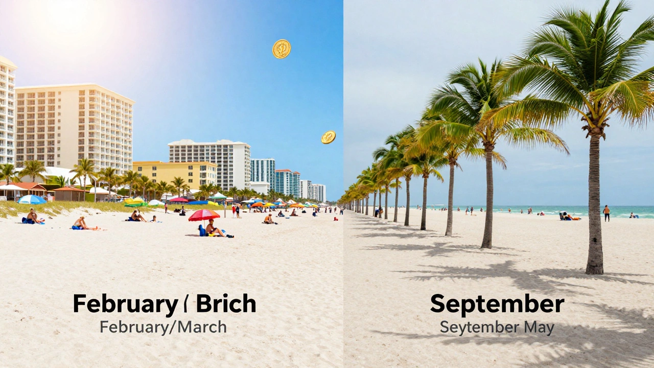 Split image comparing crowded peak season beaches with quiet shoulder season views
