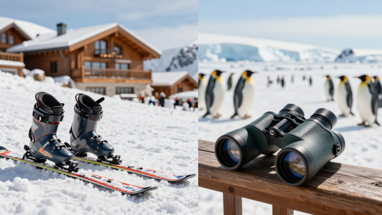 Split view showing ski gear on snow and binoculars overlooking Antarctica