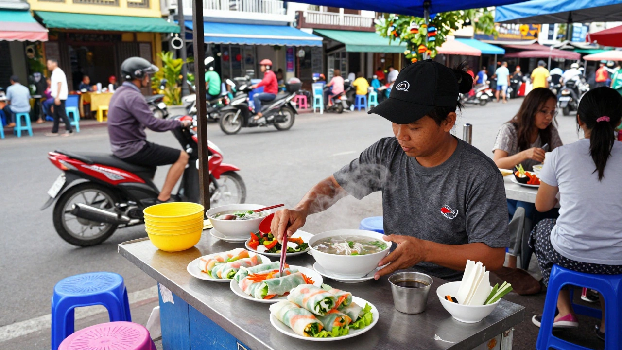 Street food vendor cooking pho in busy Da Nang, Vietnam