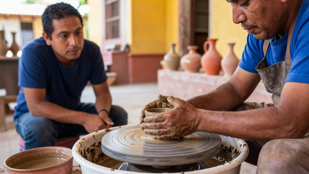 Tourist learning pottery making from local artisan in Oaxaca