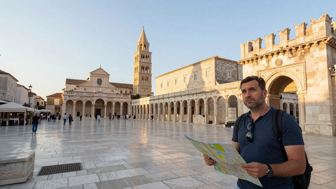 Tourist navigating Diocletian's Palace early morning to avoid crowds
