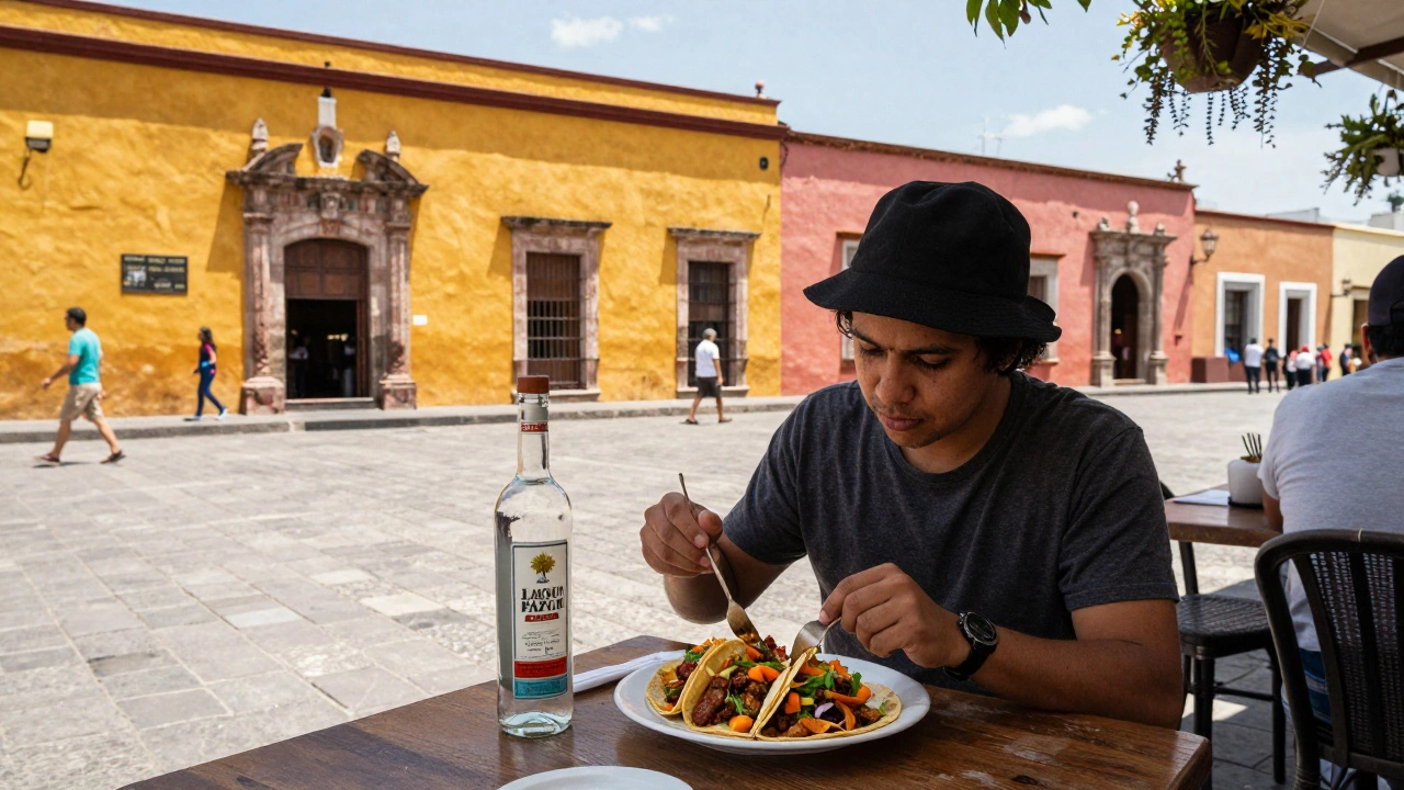Traveler eating tacos at a colorful colonial plaza in Oaxaca, Mexico