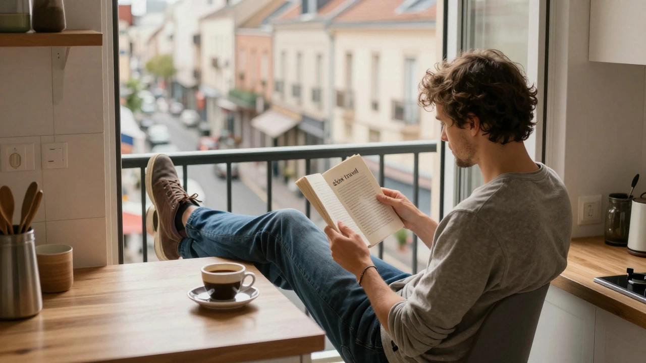 Traveler relaxing with book and coffee on apartment balcony