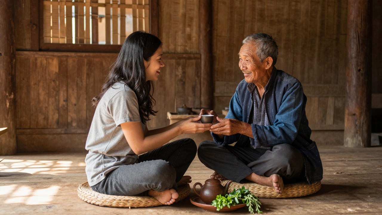 Traveler sharing tea with local elder in rural Vietnamese home