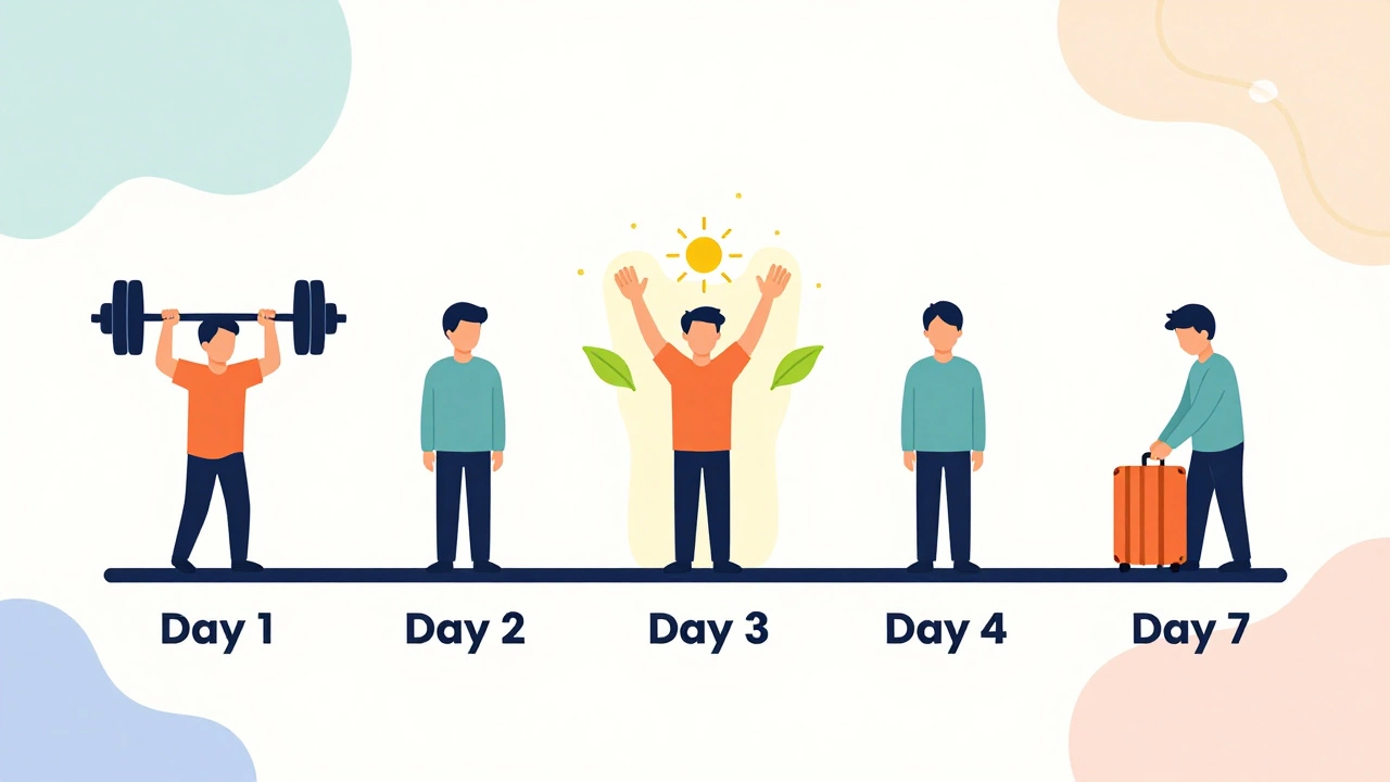 Vector illustration showing stages of vacation recovery over seven days