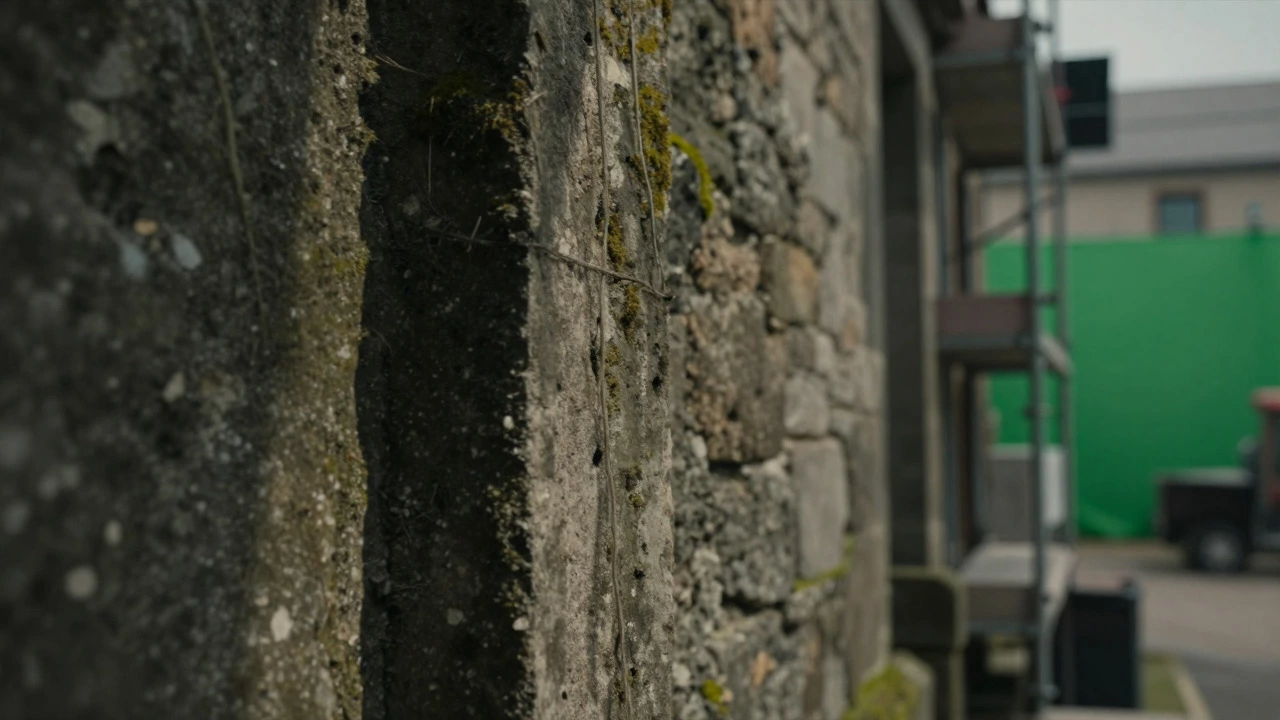Close-up of weathered stone wall with hidden film equipment in background
