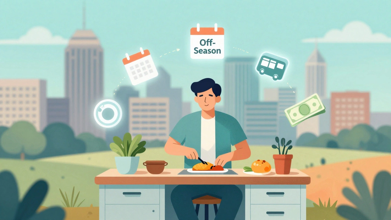 Conceptual art of budget travel tips, showing cooking and off-season planning.