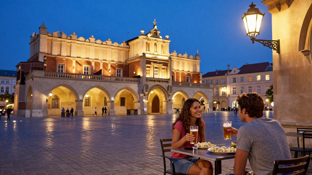 Couple enjoying pierogi and beer in Krakow's Old Town Square at dusk