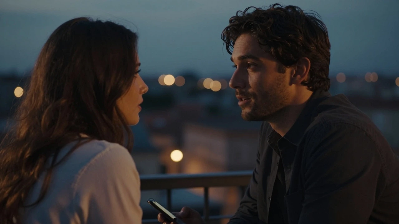 Couple sharing an intimate conversation on a balcony at dusk