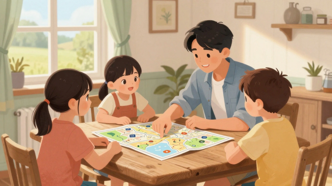 Family collaboratively planning trip with maps at table
