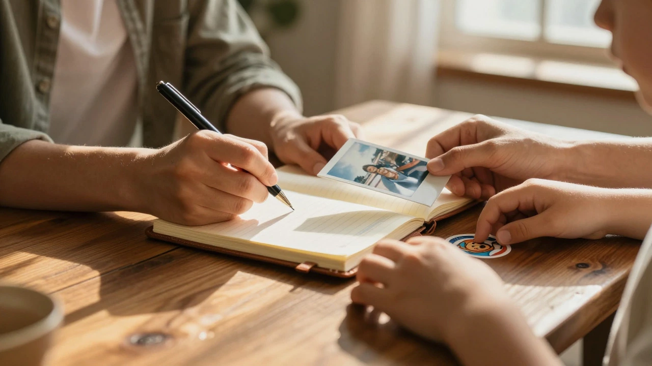 Family writing in travel journal with photos and souvenirs