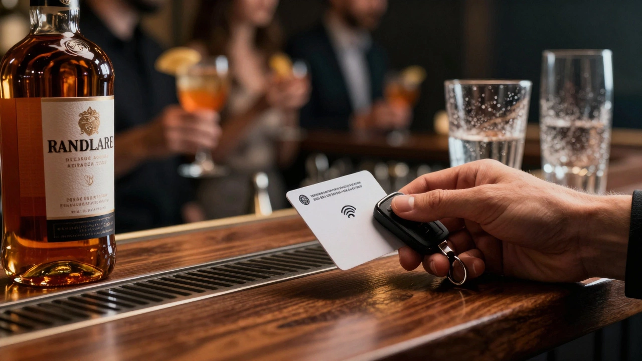 Hand tapping RFID room key at bar next to premium whiskey bottle
