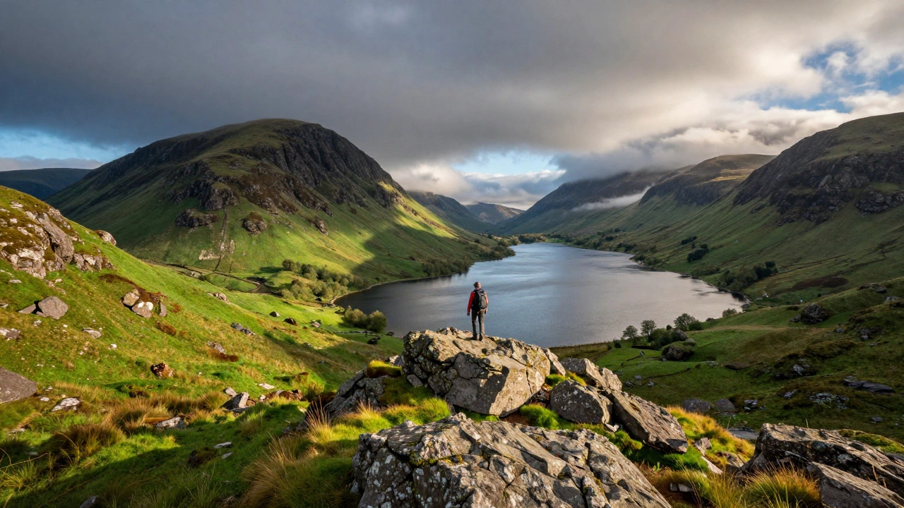 Hiker overlooking a misty lake in the rugged UK countryside