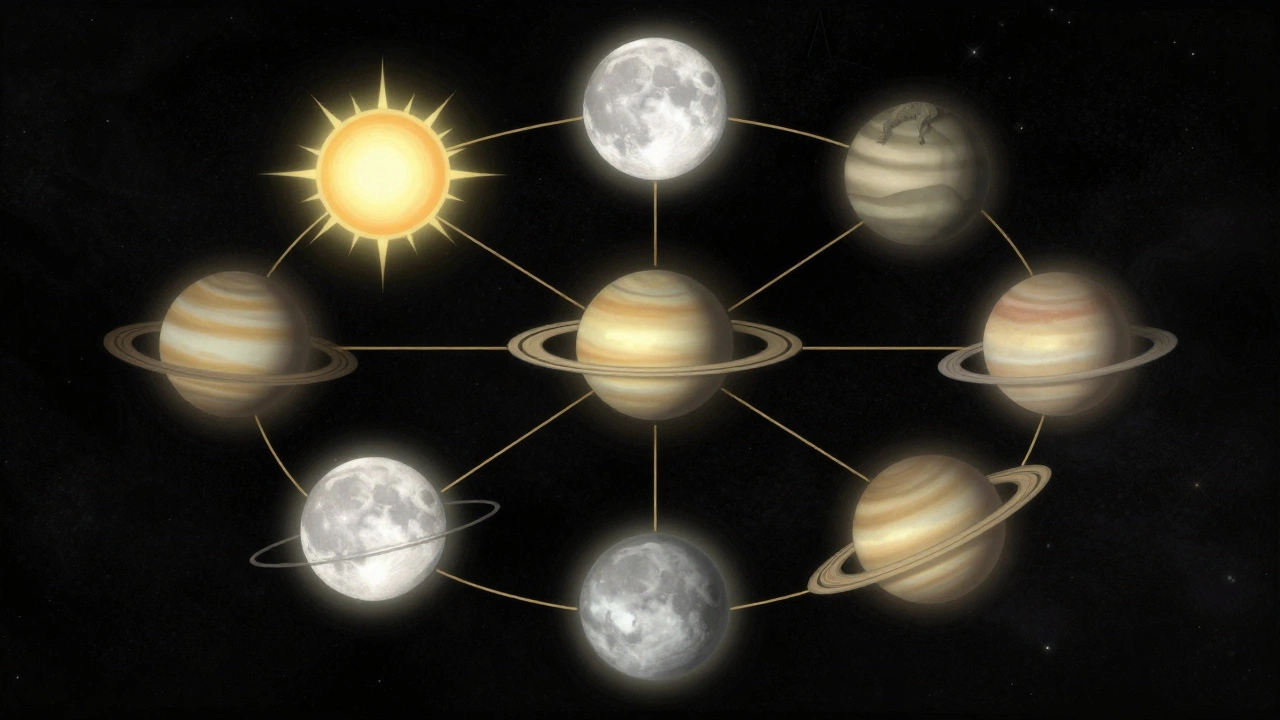 Illustration of seven planets linked to their respective Roman and Norse gods