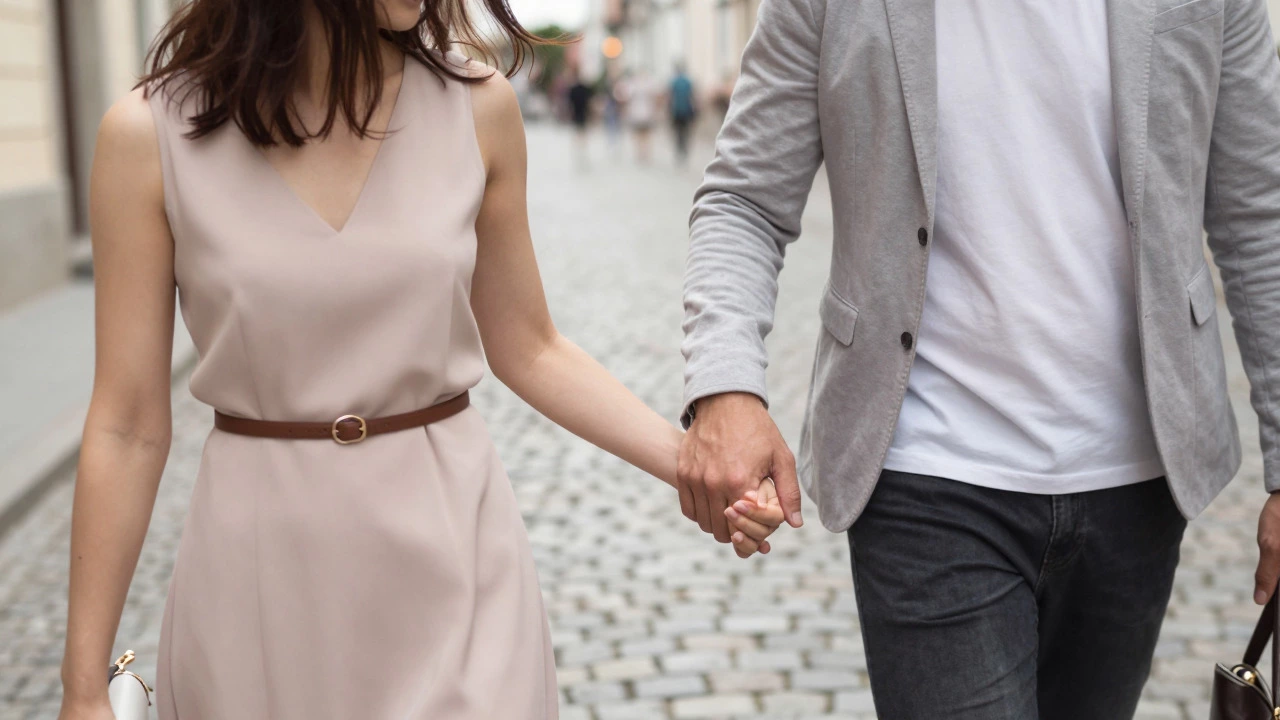 Man holding woman's hand and brushing hair on a street
