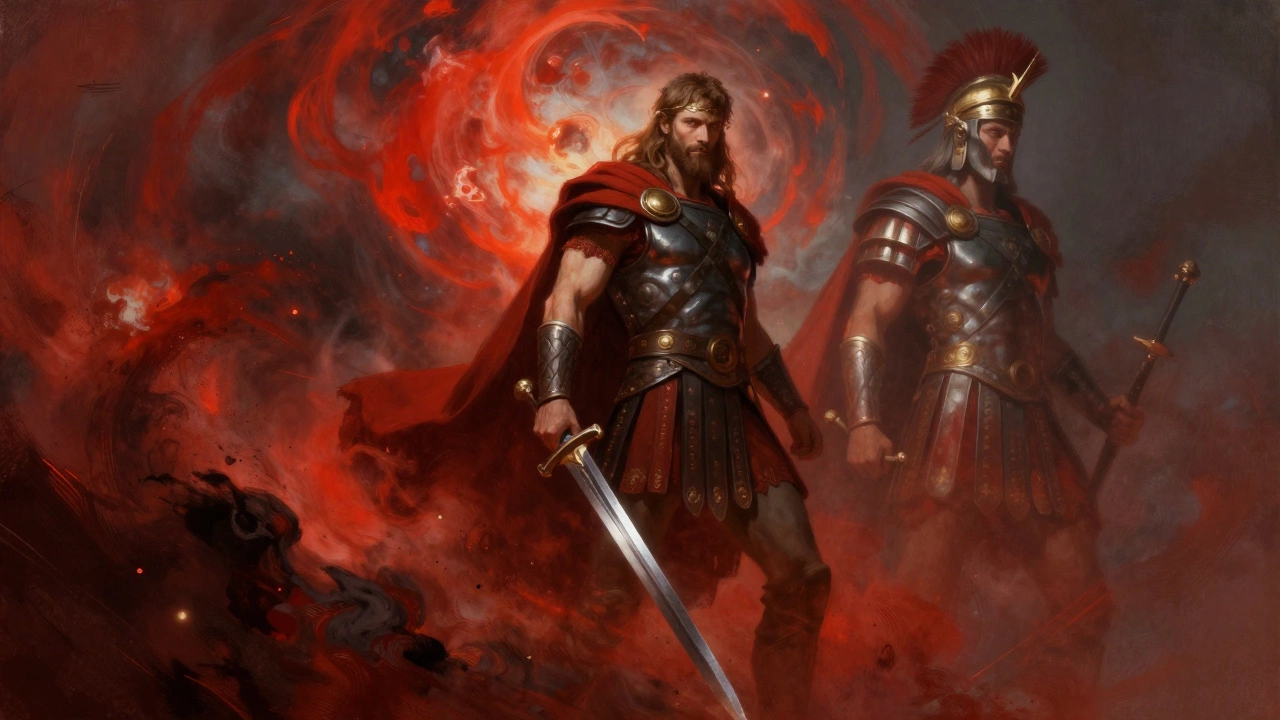 Mythological art of Norse god Tyr replacing Roman Mars under a red sky