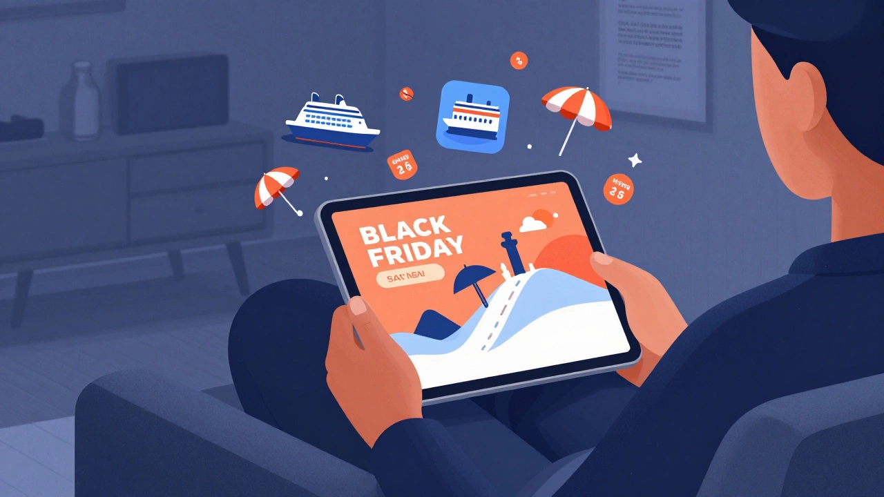 Person browsing Black Friday travel deals on a tablet